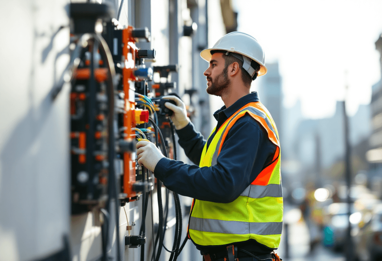 technicien Installation Fibre travaillant devant un immeuble avec bobine de câble